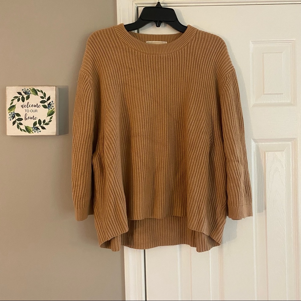 Michael Michael Kors Tan Oversize Crop Sleeve Knit Ribbed Pullover Sweater Small